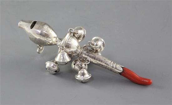 A George III silver childs rattle with coral teether, by Peter & Ann Bateman, 13.8cm.